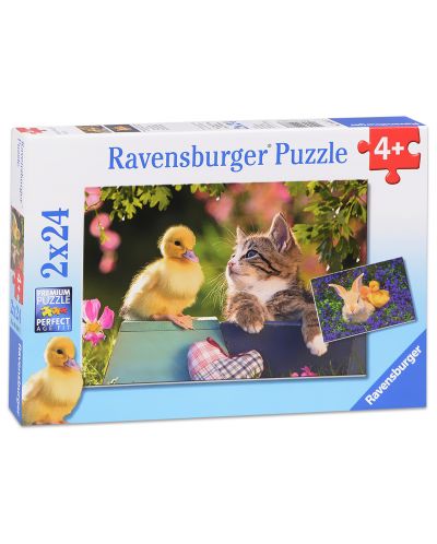 Пъзел Ravensburger от 2 x 24 части - Коте и пиле - 1