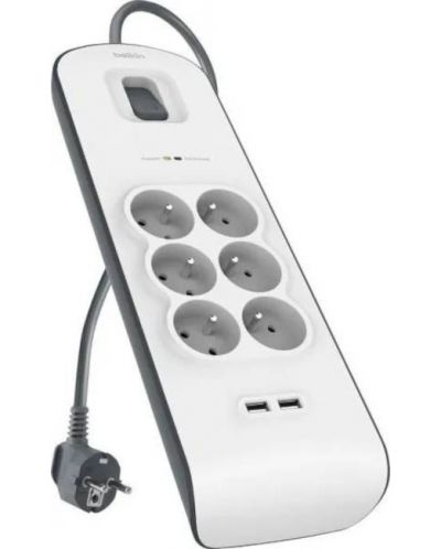 Разклонител Belkin - BSV604ca2M, 6 гнезда, 2xUSB-A, бял/сив - 1