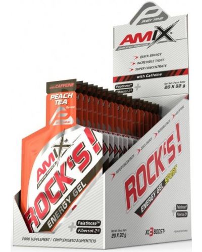 Rock's Energy Gel with Caffeine Box, студен чай праскова, 20 шота x 32 g, Amix - 1