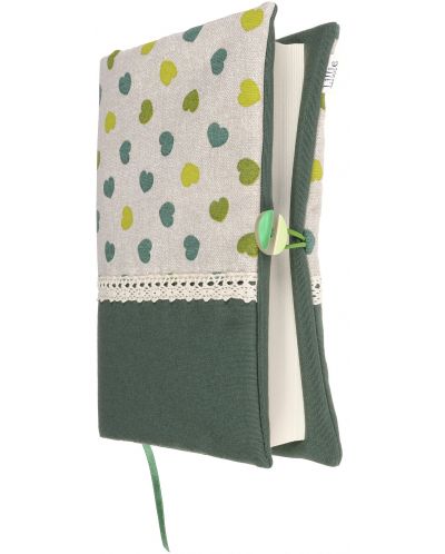 Рокля за книга (Текстилна подвързия с копче): Зелени сърца, зелена основа, дантела - 6