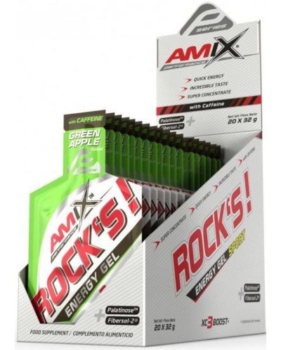 Rock's Energy Gel with Caffeine Box, зелена ябълка, 20 шота x 32 g, Amix - 1