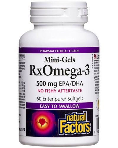 RXOmega-3 Mini-Gels, 500 mg, 60 софтгел капсули, Natural Factors - 1