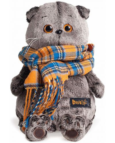Плюшена играчка Budi Basa - Коте Басик с кариран шал, 30 cm