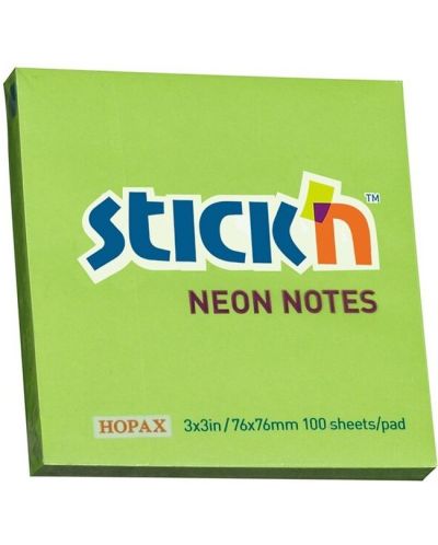 Самозалепващи се листчета Stick'n - 76 x 76 mm, зелен неон, 100 листа - 1