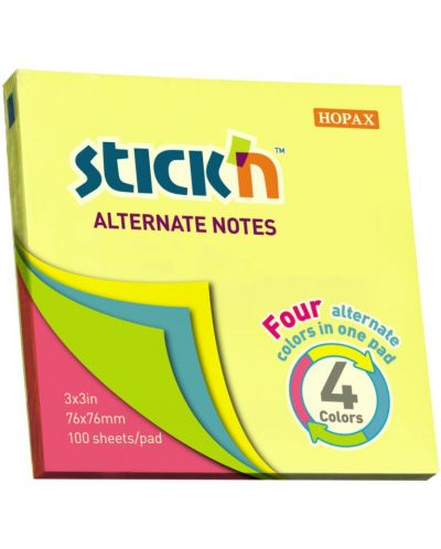 Самозалепващи листчета Stick'n - Alternate, 76 x 76 mm, 4 неонови цвята, 100 листа - 1