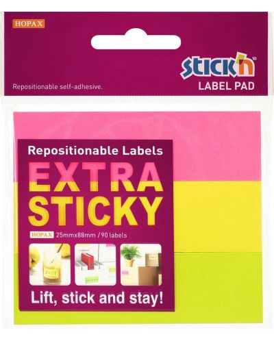 Самозалепващи се листчета Stick'n - тип етикет, 25 x 88 mm, неонови, 3 цвята, 90 листа - 1