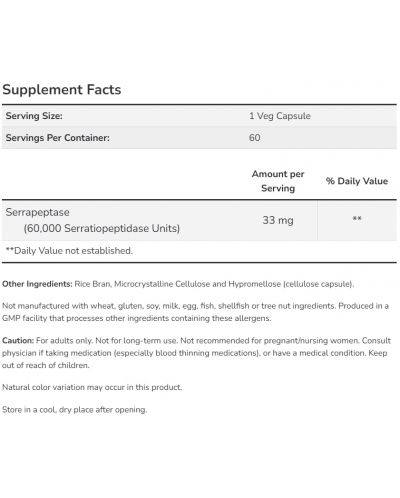 Serrapeptase 60 000 Units of Activity, 33 mg, 60 капсули, Now - 2