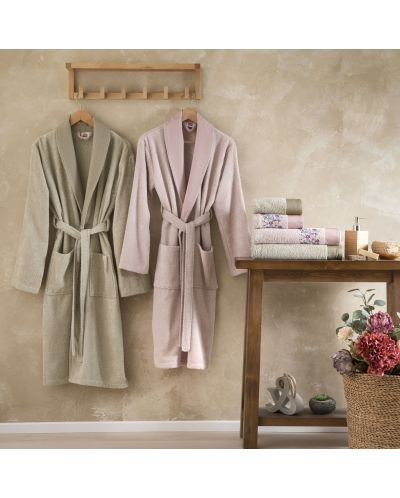 Семеен сет халати и кърпи TAC - Tiffany, 6 части, 100% памук, розово/бежово - 1