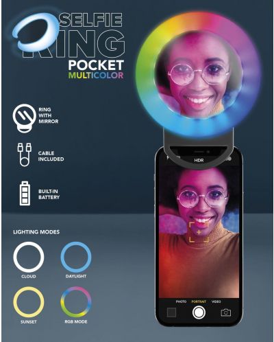 Селфи ринг Cellularline - Pocket, с огледало, универсален, RGB - 6