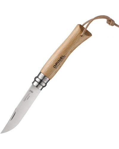 Сгъваем нож Opinel Inox - 8 cm, бук, с кожена връзка - 1