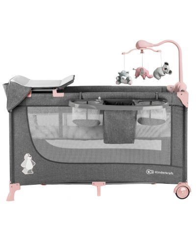 Сгъваема бебешка кошара KinderKraft - Joy Full, с аксесоари, сиво с розово - 1