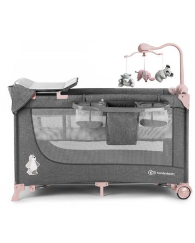 Сгъваема бебешка кошара KinderKraft - Joy Full, с аксесоари, сиво с розово - 2