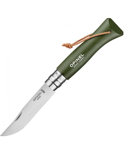 Сгъваем нож Opinel Inox - №8, с кожена връзка, каки - 1
