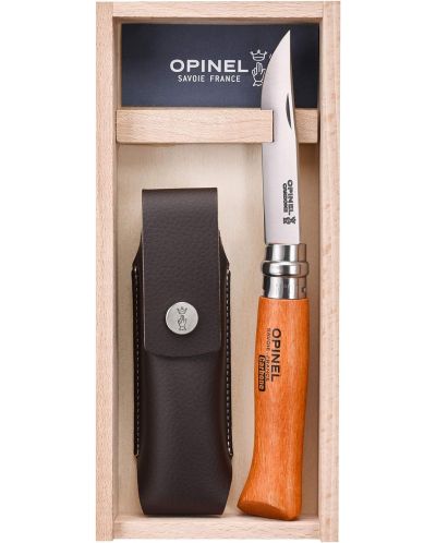 Сгъваем нож Opinel Carbone - 8.5 cm, с кожена кания - 1