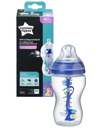 Бебешко шише Tommee Tippee - Closer to Nature, Advanced Anti-Colic, 340 ml, с биберон 2 капки, синьо - 1