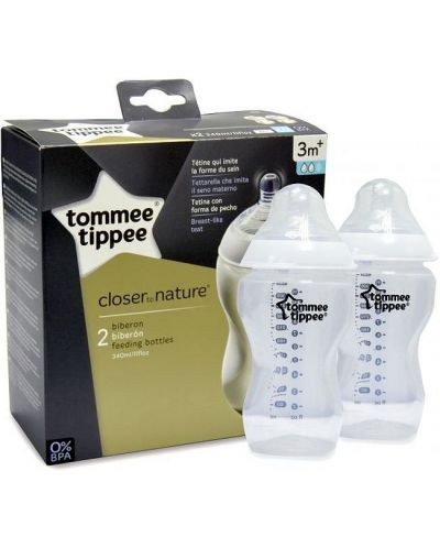 Комплект бебешки шишета Tommee Tippee - Easi Vent, 340 ml, с биберон 2 капки, 2 броя - 1