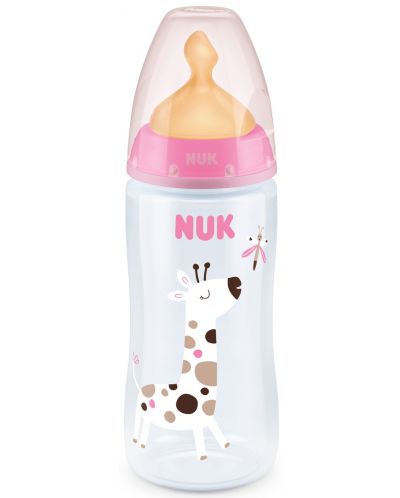 Шише Nuk First Choice - Temperature control, с каучуков биберон, 300 ml, розово, жираф - 1