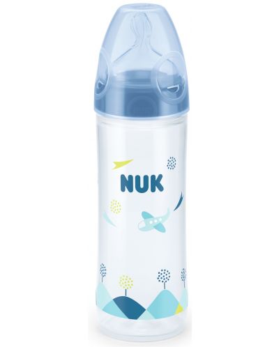 Шише Nuk - New Classic, със силиконов биберон, 250 ml, синьо/самолети