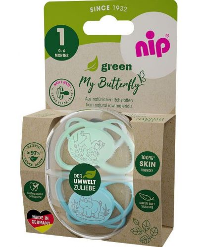 Силиконови залъгалки NIP My Butterfly Green - Маймуна и хипопотам, 0-6 месеца, 2 броя - 7