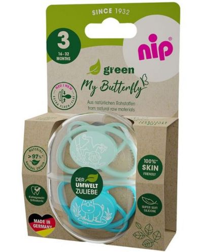 Силиконови залъгалки NIP My Butterfly Green - Маймуна и хипопотам, 16-32 месеца, 2 броя - 7