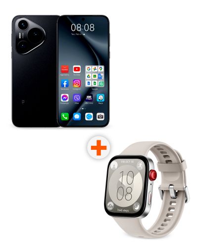 Смартфон Huawei - Pura 70, 6.6'', 12GB/256GB, черен + Watch Fit 3, 1.82'', Moon White - 1