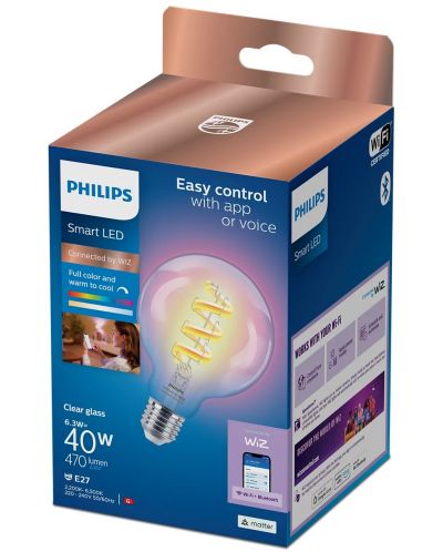 Смарт крушка Philips - Filament, 6.3W LED, E27, G95, RGB, dimmer - 2