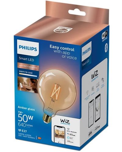 Смарт крушка Philips - Filament, 7W LED, E27, G125, Amber, dimmer - 2