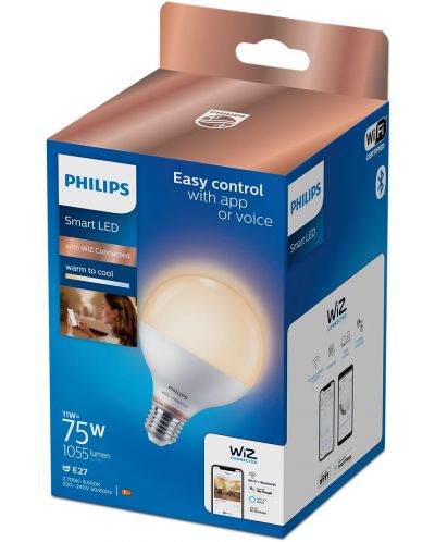 Смарт крушка Philips - Frosted, 11W LED, E27, G95, dimmer - 2