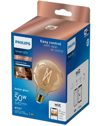 Смарт крушка Philips - Filament, 7W LED, E27, G95, Amber, dimmer - 2