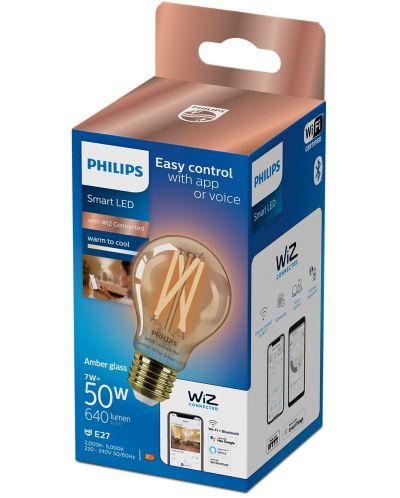 Смарт крушка Philips - Filament, 7W LED, E27, A60, Amber, dimmer - 2