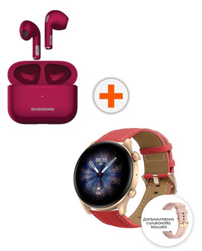 Смарт часовник Riversong - Motive 6C Pro, червен + Silicone strap + TWS headsets - 1