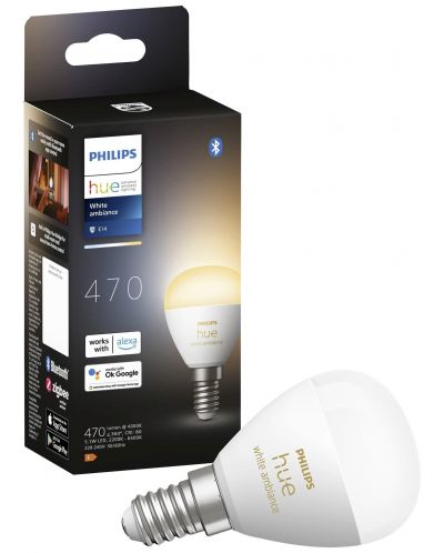 Смарт крушка Philips - Hue Ambiance, 5.1W, E14, P45, dimmer - 1