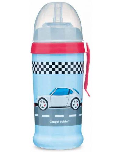 Преходна чаша със сламка Canpol - Racing, синя кола, 350 ml - 1