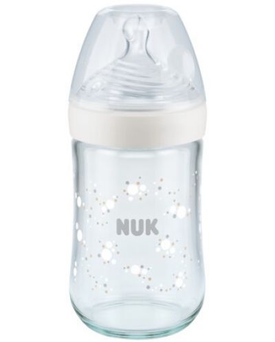 Стъклено шише Nuk - Nature Sense, със силиконов биберон М, 240 ml, бяло - 1