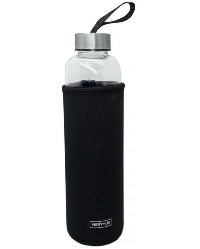 Стъклена бутилка Nerthus - Черна, неопренов протектор, 600 ml - 1