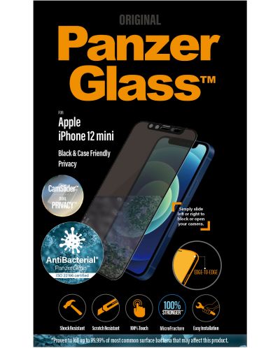 Стъклен протектор PanzerGlass - Privacy AntiBact CamSlide, iPhone 12 mini - 2