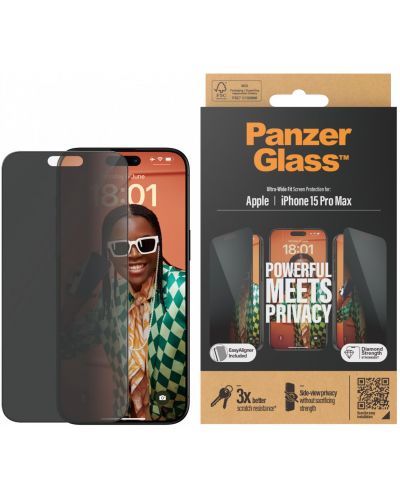 Стъклен протектор PanzerGlass - Privacy UWF, iPhone 15 Pro Max - 1