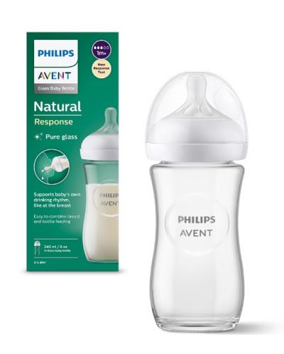 Стъклено шише Philips Avent - Natural Response 3.0, с биберон 1+ м, 240 ml  - 1
