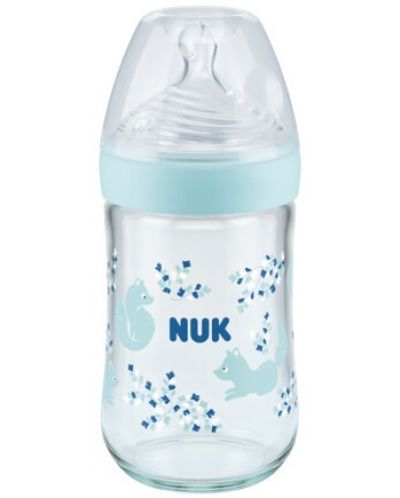 Стъклено шише Nuk - Nature Sense, със силиконов биберон М, 240 ml, синьо - 1