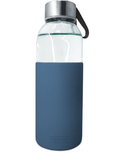Стъклена бутилка Nerthus - Синя, силиконов протектор, 400 ml - 1