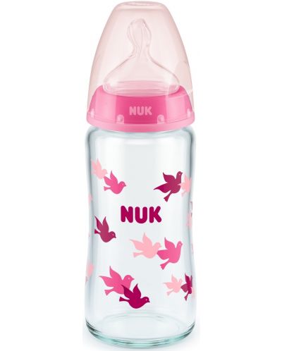 Стъклено шише със силиконов биберон Nuk - First Choice, TC, 240 ml, розово - 1