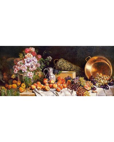 Панорамен пъзел Castorland от 600 части - Натюрморт с цветя и плодове на масата - 2