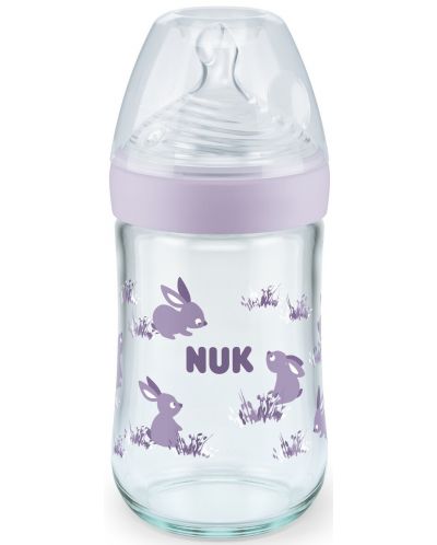 Стъклено шише Nuk - Nature Sense, със силиконов биберон М, 240 ml, лилаво - 1