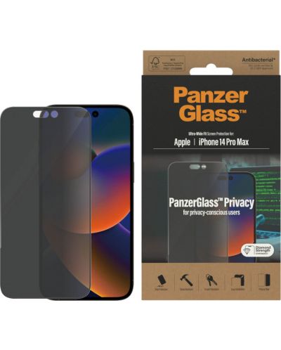 Стъклен протектор PanzerGlass - Privacy AntiBact UWF, iPhone 14 Pro Max - 1