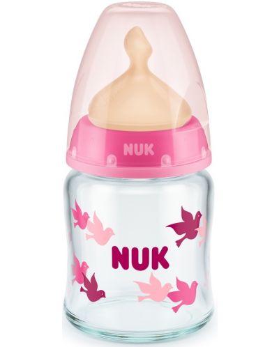 Стъклено шише с каучуков биберон Nuk - First Choice, TC, 120 ml, розово - 1
