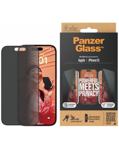 Стъклен протектор PanzerGlass - Privacy UWF, iPhone 15 - 1