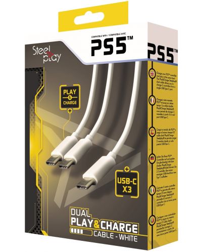 Кабел Steelplay - Dual Play & Charge, Type-C, 3 m, бял (PS5) - 1