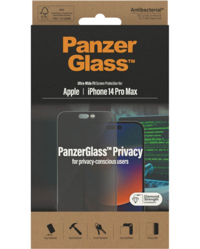 Стъклен протектор PanzerGlass - Privacy AntiBact UWF, iPhone 14 Pro Max - 3
