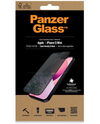Стъклен протектор PanzerGlass - Privacy AntiBact CaseFriend, iPhone 13 mini - 3
