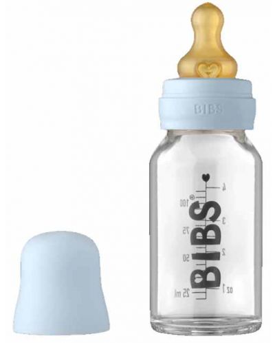 Стъклена бебешка бутилка с аксесоари Bibs - 110 ml, синя - 1